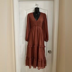 Moon River Smocked V-neck Empire Waist Long Sleeve Maxi Dress. Size S.